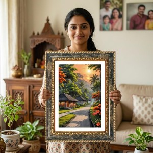 Painting Of A Peaceful Tropical Village Path At Sunset Decorative Photo Frame With White Mount | Premium Wall & Tabletop Picture Frame | Home, Office & Temple Decoration | 10x14 Inch (Pack Of 1) (F31