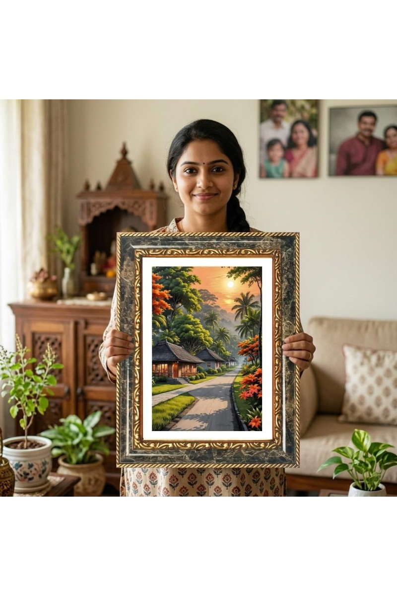 Painting Of A Peaceful Tropical Village Path At Sunset Decorative Photo Frame With White Mount | Premium Wall & Tabletop Picture Frame | Home, Office & Temple Decoration | 10x14 Inch (Pack Of 1) (F31