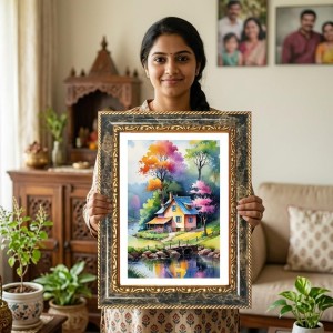 Painting Of A Cozy Countryside Cottage By A River Decorative Photo Frame With White Mount | Premium Wall & Tabletop Picture Frame | Home, Office & Temple Decoration | 8x12 Inch (Pack Of 1) (F31272)