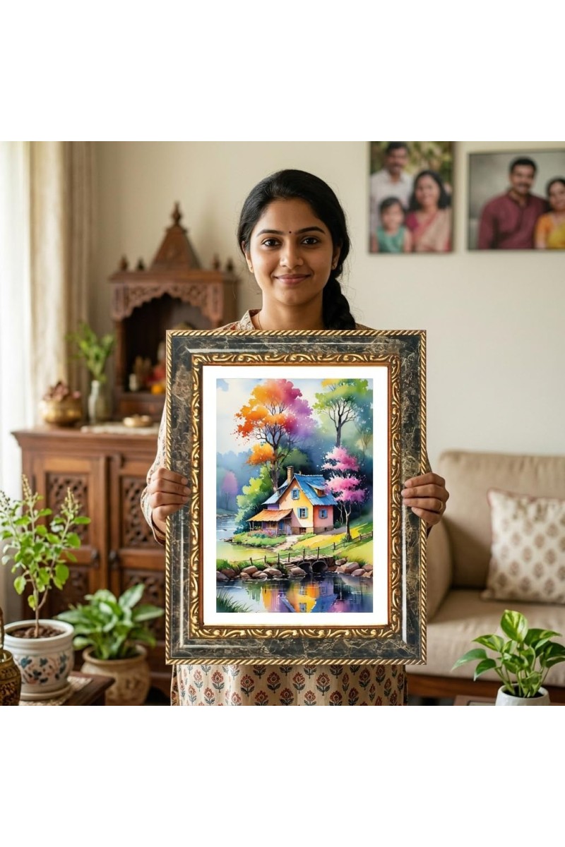 Painting Of A Cozy Countryside Cottage By A River Decorative Photo Frame With White Mount | Premium Wall & Tabletop Picture Frame | Home, Office & Temple Decoration | 8x12 Inch (Pack Of 1) (F31272)