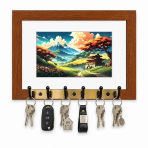 Decorative Wooden Photo Frame Key Hanger With Nature Picture, 12 X 8 Inch Wall Key Holder, 10 X 6 Inch Glossy Photo Frame, 6 Metal Hooks, Home Entrance Decor, Made In India (F38815)