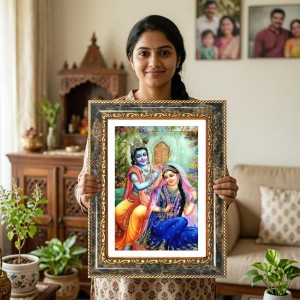 Radhaa Krishna Decorative Photo Frame With White Mount | Premium Wall & Tabletop Picture Frame | Home, Office & Temple Decoration | 8x12 Inch (Pack Of 1) (F33000)