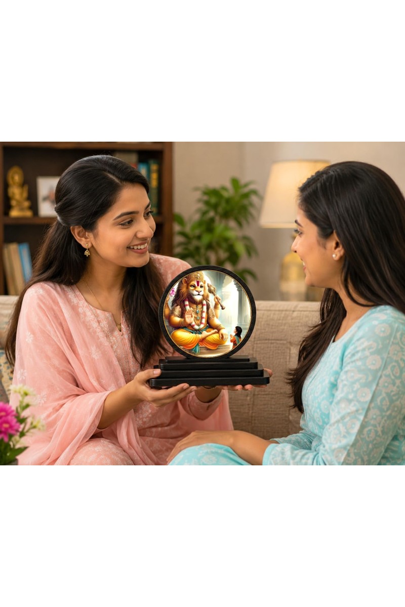 Car Dashboard Wooden Lord Narsimha Showpiece | 4 X 4.5 Inch Sublimation Printed Decorative Stand | 4 Mm MDF | Home Decor | Made in India (F33677)