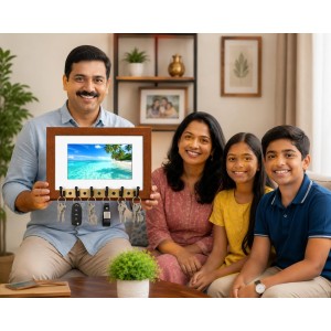 Decorative Wooden Photo Frame Key Hanger With Nature Picture, 12 X 8 Inch Wall Key Holder, 10 X 6 Inch Glossy Photo Frame, 6 Metal Hooks, Home Entrance Decor, Made In India (F38620)