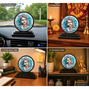 Car Dashboard Wooden Lord Krishna Showpiece | 4 X 4.5 Inch Sublimation Printed Decorative Stand | 4 Mm MDF | Home Decor | Made in India (F33320)