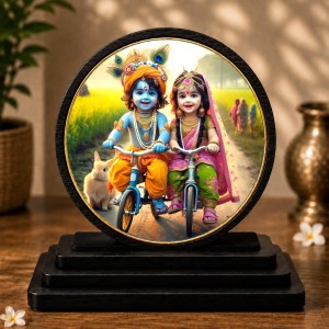 Car Dashboard Wooden Radhe Krishna Showpiece | 4 X 4.5 Inch Sublimation Printed Decorative Stand | 4 Mm MDF | Home Decor | Made in India (F33736)