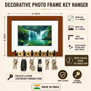 Decorative Wooden Photo Frame Key Hanger With Nature Picture, 12 X 8 Inch Wall Key Holder, 10 X 6 Inch Glossy Photo Frame, 6 Metal Hooks, Home Entrance Decor, Made In India (F38784)