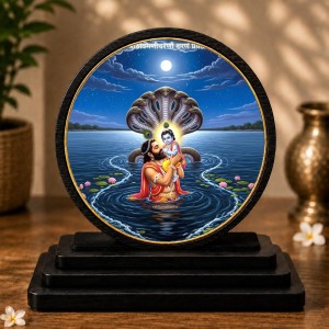 Car Dashboard Wooden Vasudevaa Lord Krishna Showpiece | 4 X 4.5 Inch Sublimation Printed Decorative Stand | 4 Mm MDF | Home Decor | Made in India (F33424)