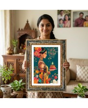 Woman Holding A Diya. Decorative Photo Frame With White Mount | Premium Wall & Tabletop Picture Frame | Home, Office & Temple Decoration | 10x14 Inch (Pack Of 1) (F33148)