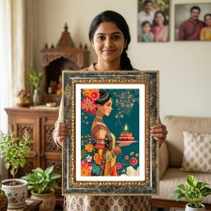 Woman Holding A Diya. Decorative Photo Frame With White Mount | Premium Wall & Tabletop Picture Frame | Home, Office & Temple Decoration | 10x14 Inch (Pack Of 1) (F33148)