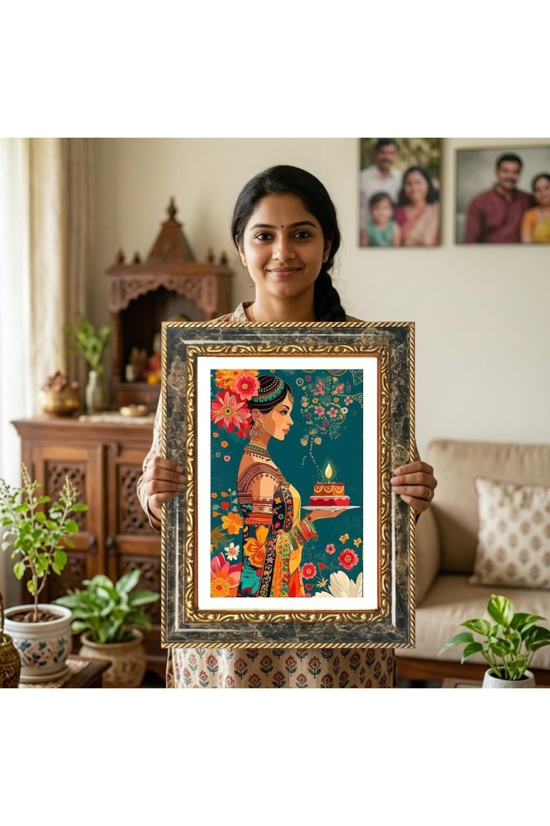 Woman Holding A Diya. Decorative Photo Frame With White Mount | Premium Wall & Tabletop Picture Frame | Home, Office & Temple Decoration | 10x14 Inch (Pack Of 1) (F33148)