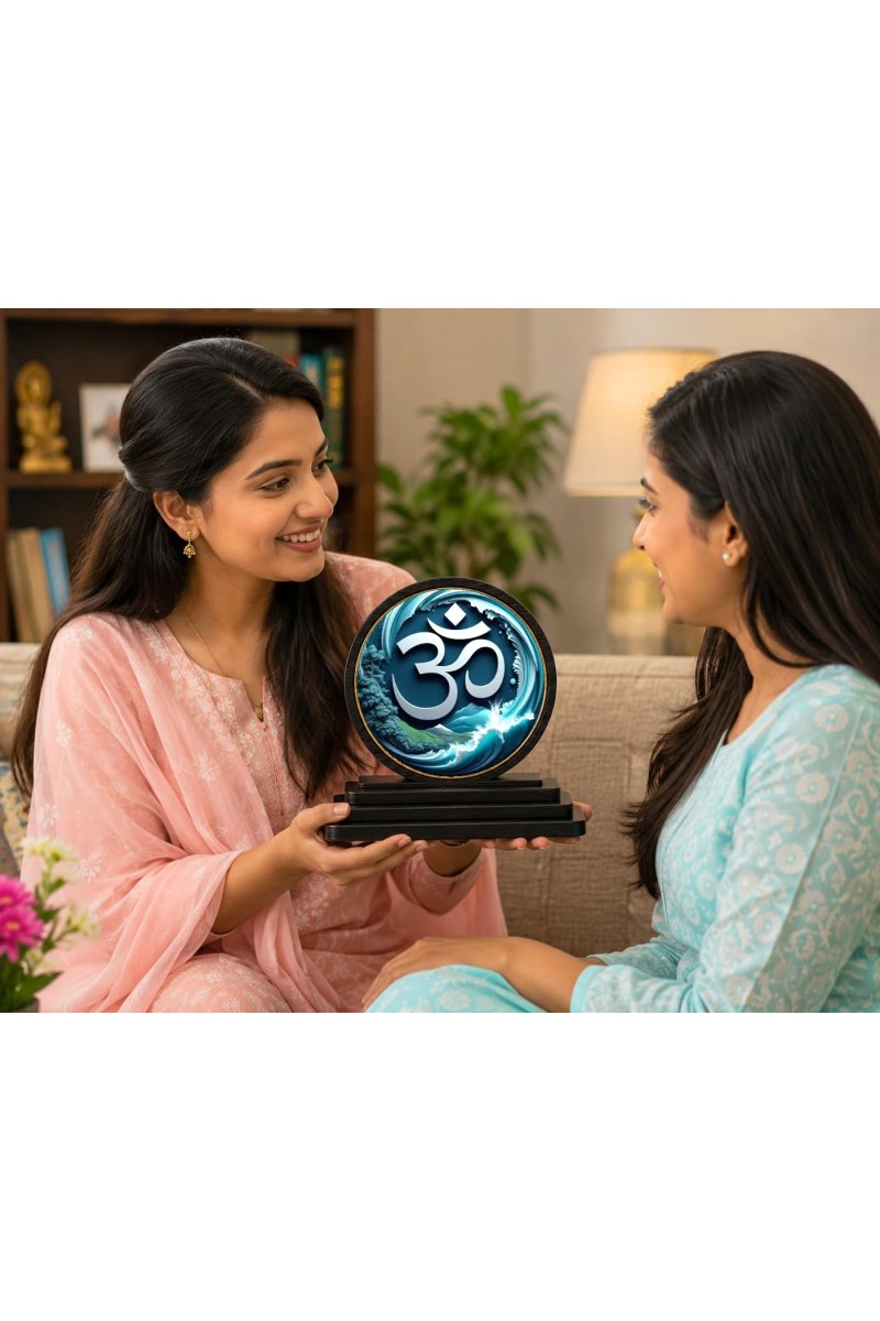 Car Dashboard Wooden Om Symbol Showpiece | 4 X 4.5 Inch Sublimation Printed Decorative Stand | 4 Mm MDF | Home Decor | Made in India (F33393)
