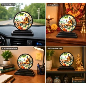 Car Dashboard Wooden Lord Buddha Instructing His Disciples Showpiece | 4 X 4.5 Inch Sublimation Printed Decorative Stand | 4 Mm MDF | Home Decor | Made in India (F33733)