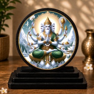 Car Dashboard Wooden Lord Brahma Showpiece | 4 X 4.5 Inch Sublimation Printed Decorative Stand | 4 Mm MDF | Home Decor | Made in India (F33414)