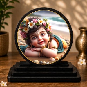 Car Dashboard Wooden Little Krishna Showpiece | 4 X 4.5 Inch Sublimation Printed Decorative Stand | 4 Mm MDF | Home Decor | Made in India (F33333)