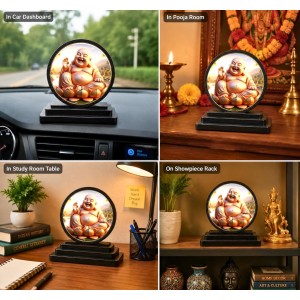 Car Dashboard Wooden Laughing Buddha Showpiece | 4 X 4.5 Inch Sublimation Printed Decorative Stand | 4 Mm MDF | Home Decor | Made in India (F33751)