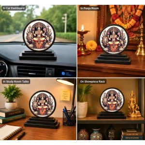Car Dashboard Wooden Goddess Durga Showpiece | 4 X 4.5 Inch Sublimation Printed Decorative Stand | 4 Mm MDF | Home Decor | Made in India (F33327)