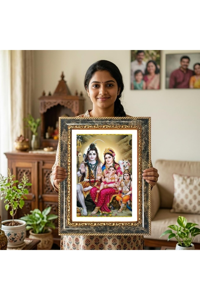 Shiva Family Decorative Photo Frame With White Mount | Premium Wall & Tabletop Picture Frame | Home, Office & Temple Decoration | 8x12 Inch (Pack Of 1) (F31179)