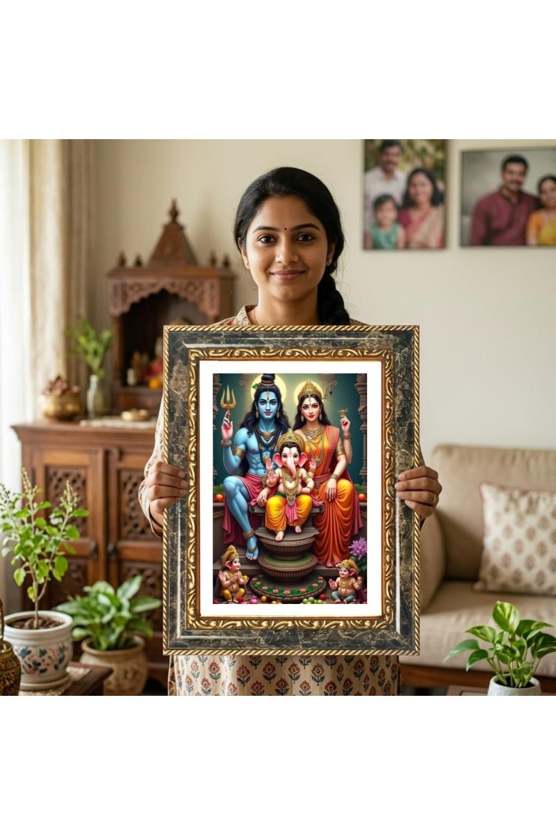 Shiva Family Decorative Photo Frame With White Mount | Premium Wall & Tabletop Picture Frame | Home, Office & Temple Decoration | 8x12 Inch (Pack Of 1) (F31398)