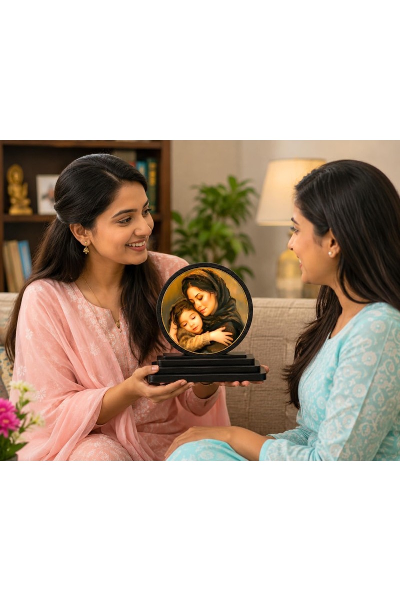 Car Dashboard Wooden Mother and Child Showpiece | 4 X 4.5 Inch Sublimation Printed Decorative Stand | 4 Mm MDF | Home Decor | Made in India (F33593)