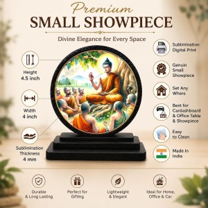 Car Dashboard Wooden Lord Buddha Instructing His Disciples Showpiece | 4 X 4.5 Inch Sublimation Printed Decorative Stand | 4 Mm MDF | Home Decor | Made in India (F33733)