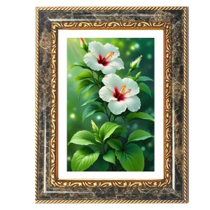 White Hibiscus Flowers Decorative Photo Frame With White Mount | Premium Wall & Tabletop Picture Frame | Home, Office & Temple Decoration | 8x12 Inch (Pack Of 1) (F32641)