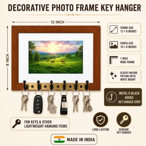 Decorative Wooden Photo Frame Key Hanger With Nature Picture, 12 X 8 Inch Wall Key Holder, 10 X 6 Inch Glossy Photo Frame, 6 Metal Hooks, Home Entrance Decor, Made In India (F38746)