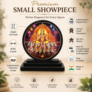 Car Dashboard Wooden Lord Surya Dev Showpiece | 4 X 4.5 Inch Sublimation Printed Decorative Stand | 4 Mm MDF | Home Decor | Made in India (F33565)