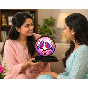 Car Dashboard Wooden Pink and Purple Birds Showpiece | 4 X 4.5 Inch Sublimation Printed Decorative Stand | 4 Mm MDF | Home Decor | Made in India (F33506)