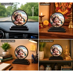 Car Dashboard Wooden Little Krishna Showpiece | 4 X 4.5 Inch Sublimation Printed Decorative Stand | 4 Mm MDF | Home Decor | Made in India (F33333)