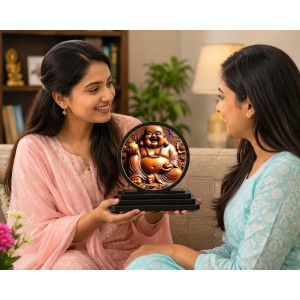Car Dashboard Wooden Laughing Buddha Showpiece | 4 X 4.5 Inch Sublimation Printed Decorative Stand | 4 Mm MDF | Home Decor | Made in India (F33387)