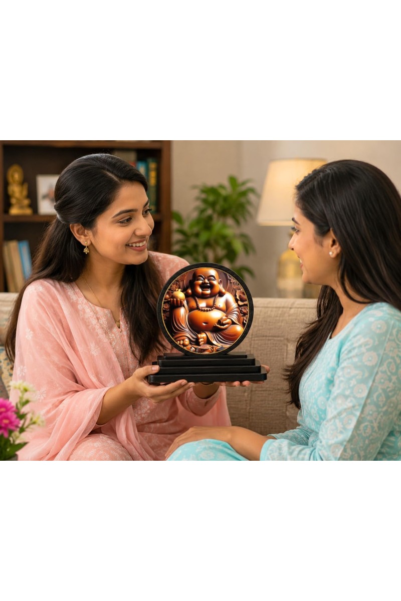 Car Dashboard Wooden Laughing Buddha Showpiece | 4 X 4.5 Inch Sublimation Printed Decorative Stand | 4 Mm MDF | Home Decor | Made in India (F33387)