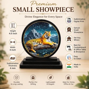 Car Dashboard Wooden Tiger Showpiece | 4 X 4.5 Inch Sublimation Printed Decorative Stand | 4 Mm MDF | Home Decor | Made in India (F33437)