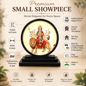 Car Dashboard Wooden Goddess Durga Showpiece | 4 X 4.5 Inch Sublimation Printed Decorative Stand | 4 Mm MDF | Home Decor | Made in India (F33376)