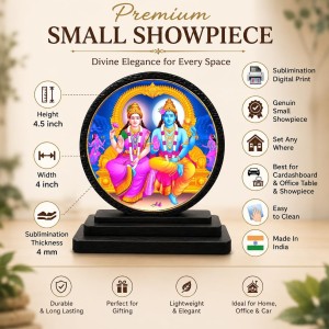 Car Dashboard Wooden Lord Vishnu and Goddess Lakshmi Showpiece | 4 X 4.5 Inch Sublimation Printed Decorative Stand | 4 Mm MDF | Home Decor | Made in India (F33563)
