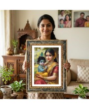 Yashoda And Baby Krishna Decorative Photo Frame With White Mount | Premium Wall & Tabletop Picture Frame | Home, Office & Temple Decoration | 10x14 Inch (Pack Of 1) (F33221)