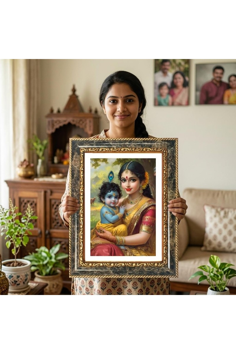 Yashoda And Baby Krishna Decorative Photo Frame With White Mount | Premium Wall & Tabletop Picture Frame | Home, Office & Temple Decoration | 10x14 Inch (Pack Of 1) (F33221)
