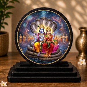 Car Dashboard Wooden Lord Lakshmi Narayan Showpiece | 4 X 4.5 Inch Sublimation Printed Decorative Stand | 4 Mm MDF | Home Decor | Made in India (F33500)