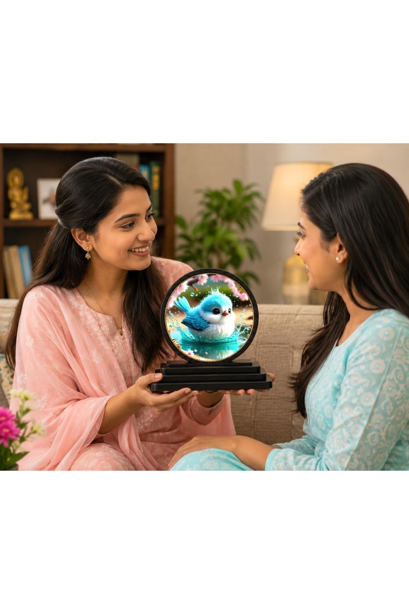 Car Dashboard Wooden Fluffy Blue Bird Showpiece | 4 X 4.5 Inch Sublimation Printed Decorative Stand | 4 Mm MDF | Home Decor | Made in India (F33413)
