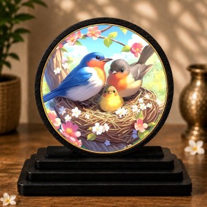 Car Dashboard Wooden Birds in A Nest Showpiece | 4 X 4.5 Inch Sublimation Printed Decorative Stand | 4 Mm MDF | Home Decor | Made in India (F33523)