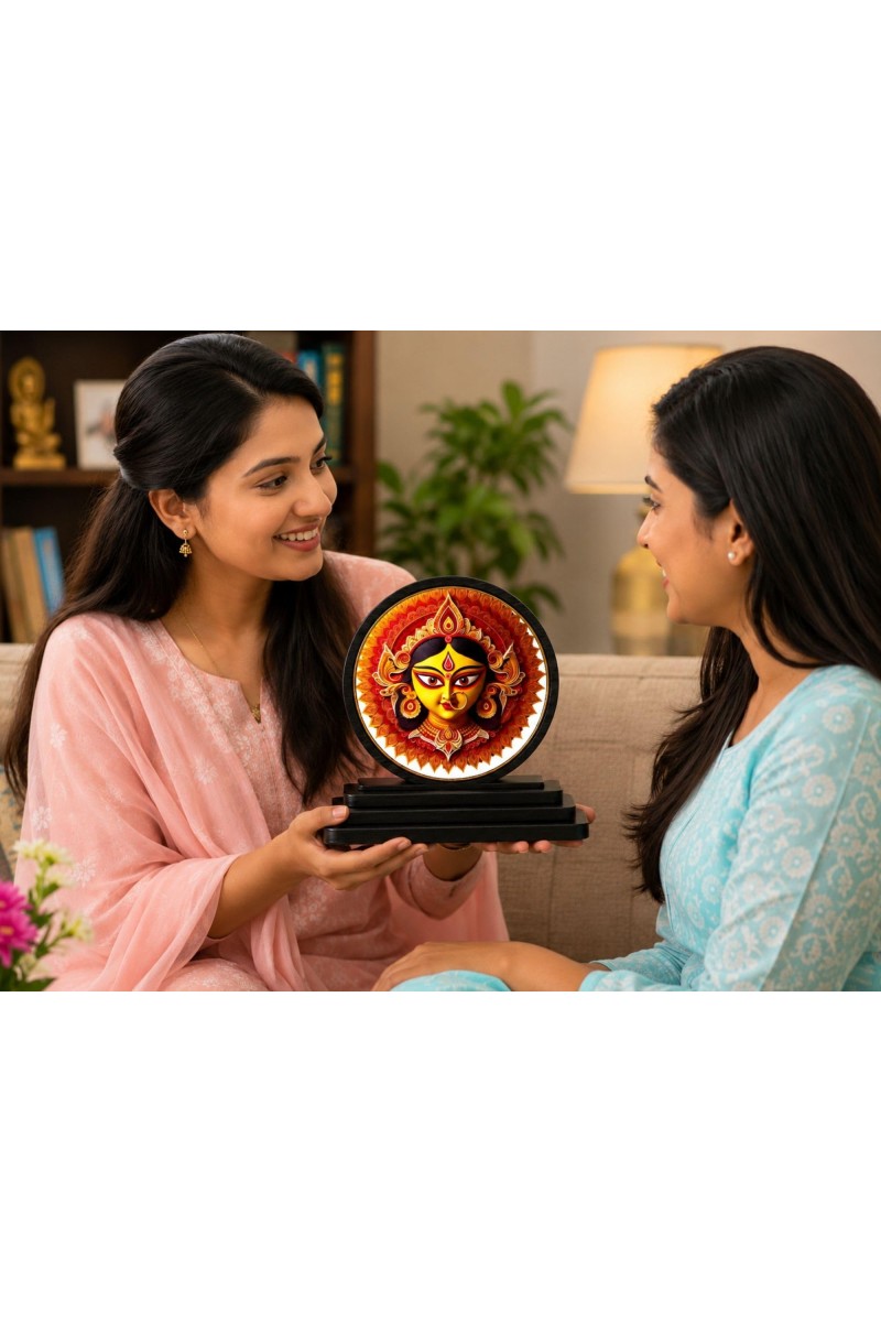 Car Dashboard Wooden Goddess Durga Showpiece | 4 X 4.5 Inch Sublimation Printed Decorative Stand | 4 Mm MDF | Home Decor | Made in India (F33594)