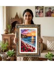 Painting Of Red Tulips On A Beach At Sunset Decorative Photo Frame With White Mount | Premium Wall & Tabletop Picture Frame | Home, Office & Temple Decoration | 10x14 Inch (Pack Of 1) (F31271)