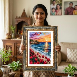 Painting Of Red Tulips On A Beach At Sunset Decorative Photo Frame With White Mount | Premium Wall & Tabletop Picture Frame | Home, Office & Temple Decoration | 10x14 Inch (Pack Of 1) (F31271)