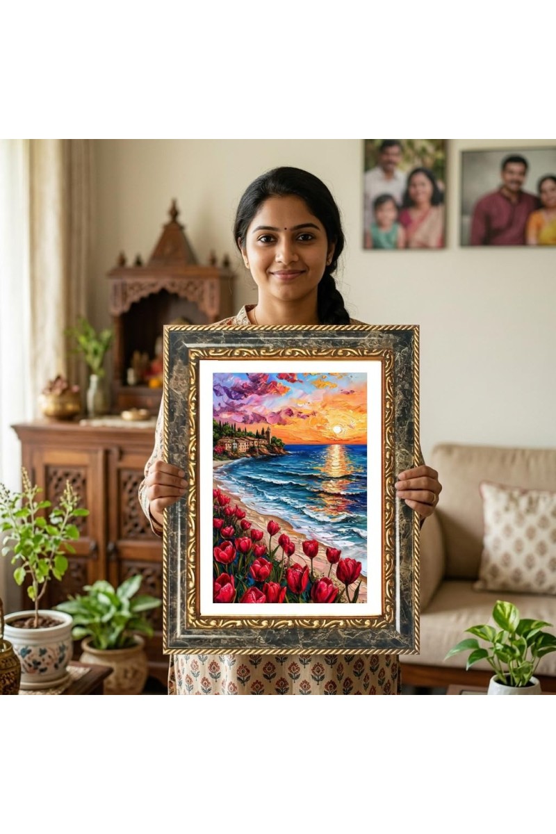 Painting Of Red Tulips On A Beach At Sunset Decorative Photo Frame With White Mount | Premium Wall & Tabletop Picture Frame | Home, Office & Temple Decoration | 10x14 Inch (Pack Of 1) (F31271)