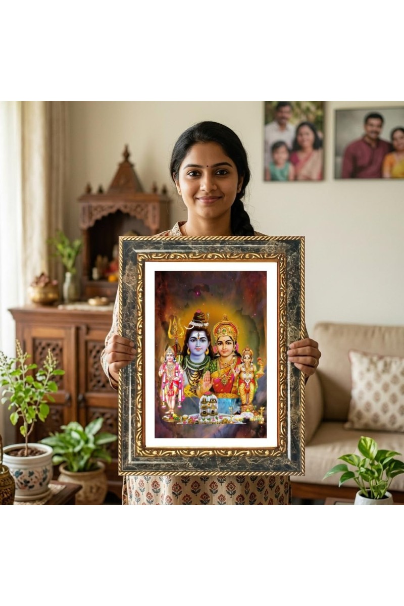 Shiva Family Decorative Photo Frame With White Mount | Premium Wall & Tabletop Picture Frame | Home, Office & Temple Decoration | 8x12 Inch (Pack Of 1) (F33084)