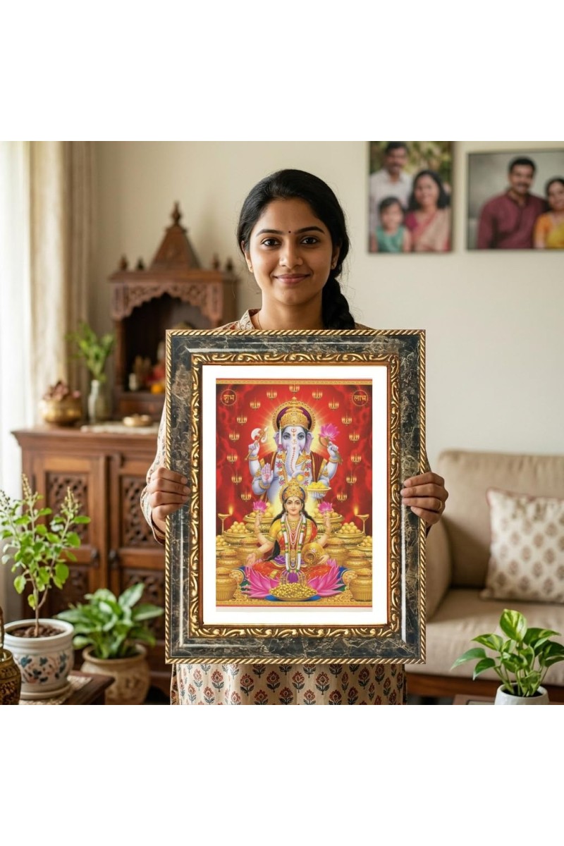 Ganeshaa Lakshmi Decorative Photo Frame With White Mount | Premium Wall & Tabletop Picture Frame | Home, Office & Temple Decoration | 10x14 Inch (Pack Of 1) (F33021)