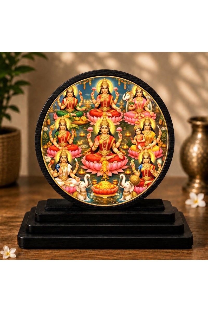 Car Dashboard Wooden Ashta Lakshmi Showpiece | 4 X 4.5 Inch Sublimation Printed Decorative Stand | 4 Mm MDF | Home Decor | Made in India (F33350)
