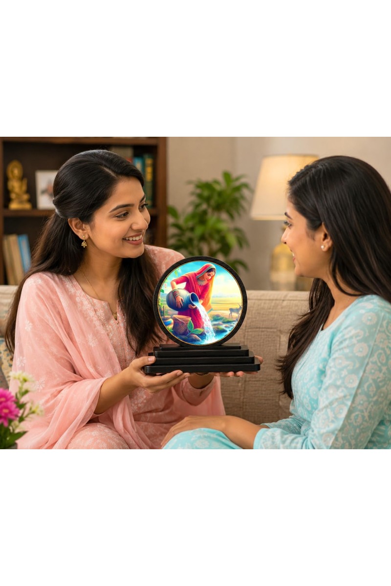 Car Dashboard Wooden Woman Filling A Pot with Water Showpiece | 4 X 4.5 Inch Sublimation Printed Decorative Stand | 4 Mm MDF | Home Decor | Made in India (F33403)
