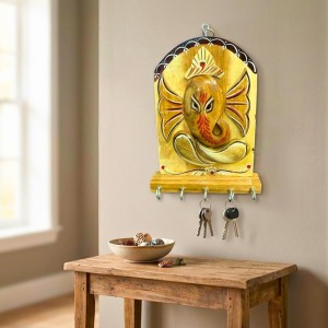 Wooden Ganesha Key Holder for Wall with 5 Metal Hooks | Handcrafted Wooden Ganesh Key Stand & Key Hanger | Decorative Wall Mounted Key Organizer for Home Entrance, Living Room & Office