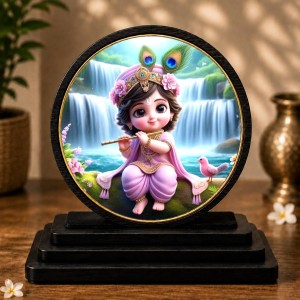 Car Dashboard Wooden Little Krishna Showpiece | 4 X 4.5 Inch Sublimation Printed Decorative Stand | 4 Mm MDF | Home Decor | Made in India (F33646)